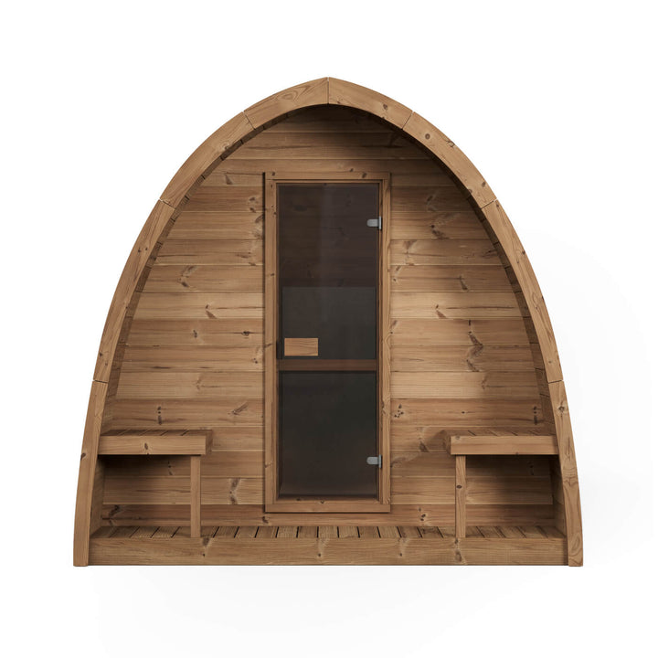 InMedias Sauna Pod 220 Outdoor Sauna front view with glass door and integrated exterior benches on a white background.