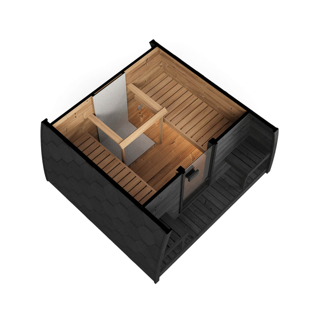 InMedias Sauna Pod 220 Outdoor Sauna top layout view displaying wooden bench seating and interior floor plan on a white background.