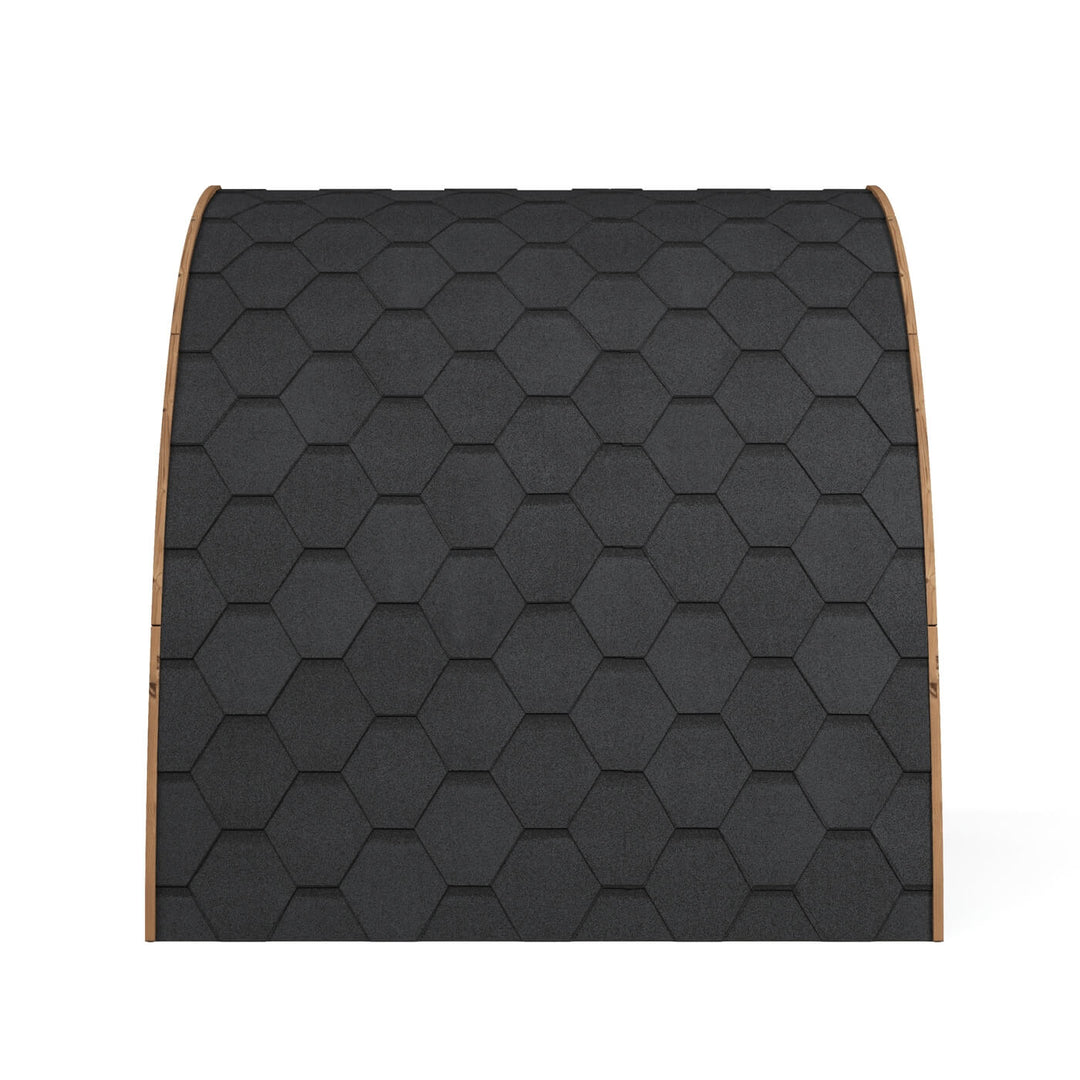 InMedias Sauna Pod 220 Outdoor Sauna roof detail showing black hexagon shingle covering on a white background.