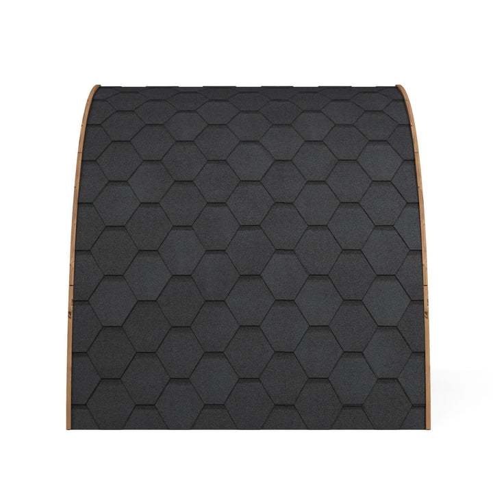 InMedias Sauna Pod 220 Outdoor Sauna roof detail showing black hexagon shingle covering on a white background.
