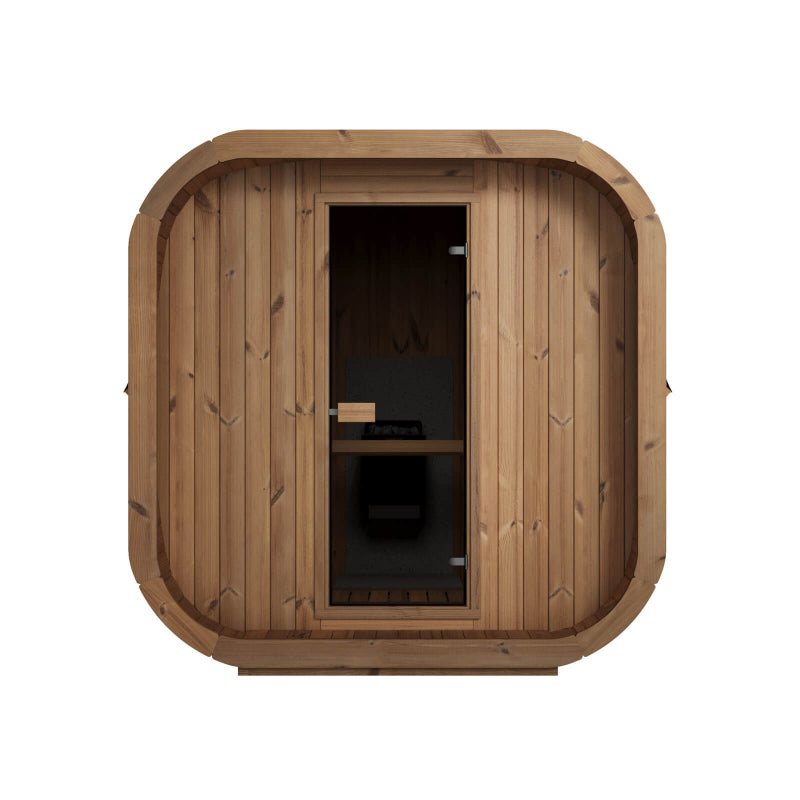 Front view of InMedias Sauna Icon 220XL with dark tinted glass door , on a white background.