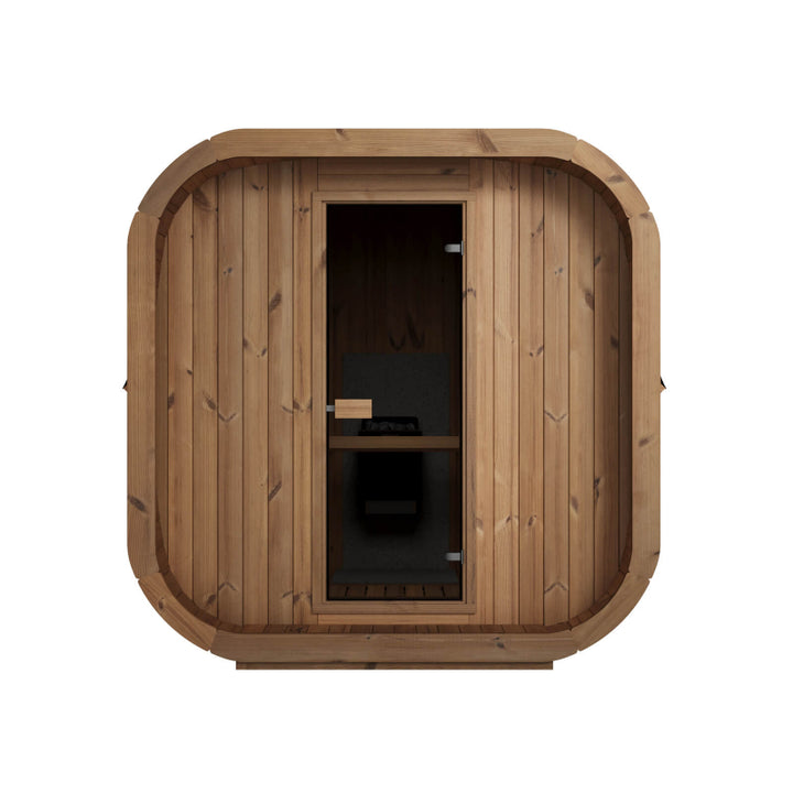 Front view of InMedias Sauna Icon 220XL with dark tinted glass door , on a white background.