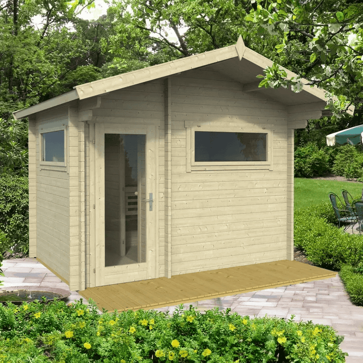 InMedias Timo Log Sauna in natural wood finish in a garden setting.
