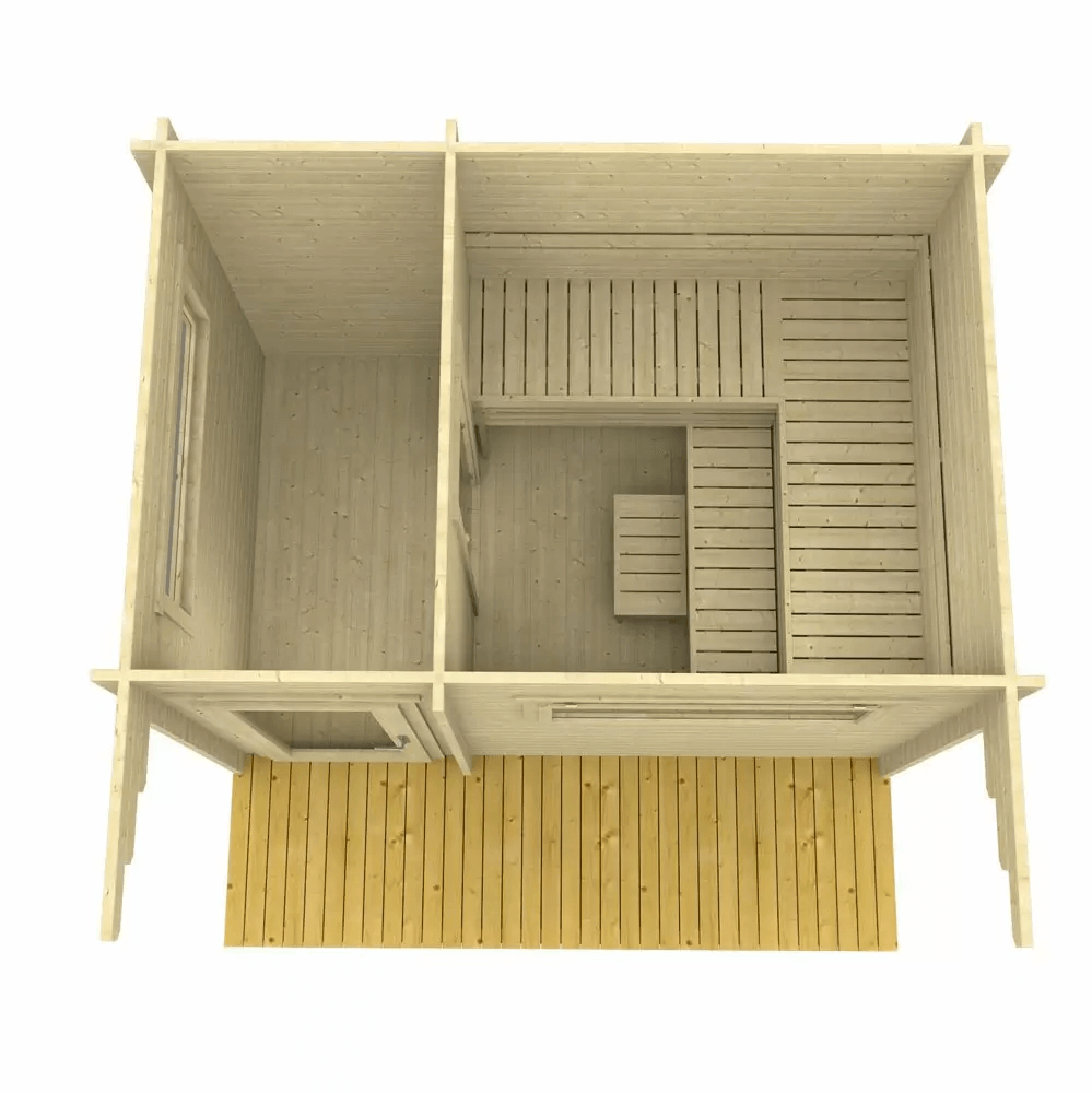 Top-down interior layout of the InMedias Timo Log Sauna.