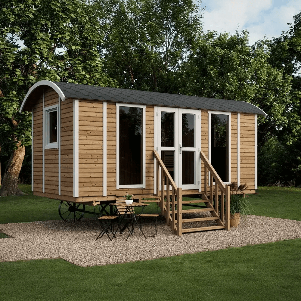 InMedias Wagon Log Sauna exterior with wheels in natural wood.