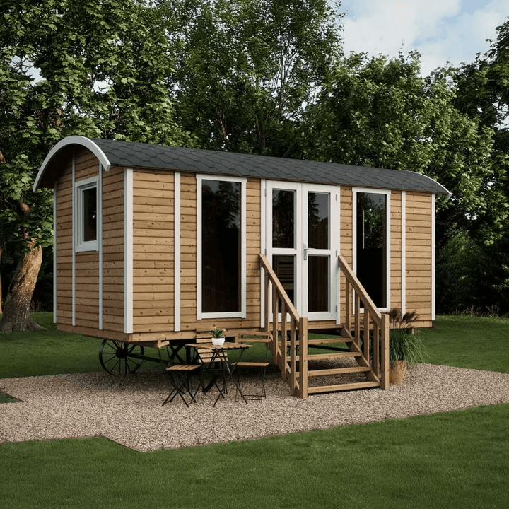 InMedias Wagon Log Sauna exterior with wheels in natural wood.