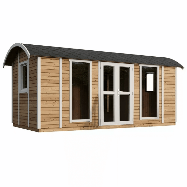InMedias Wagon Sauna exterior in grey finish indoors.