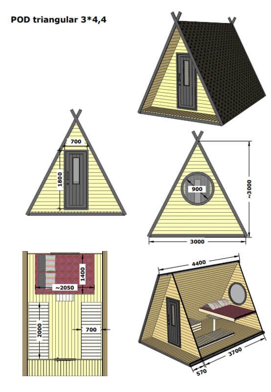 InMedias Wigwam Glamping Pod – architectural drawing and measurements of a triangular A-frame glamping pod, including side, front, and top views with labeled dimensions, on a white background.