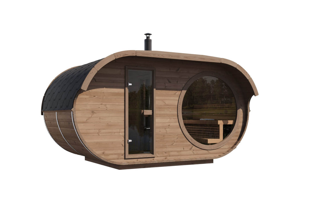 InMedias Raiki Oval Sauna angled front view on a white background.