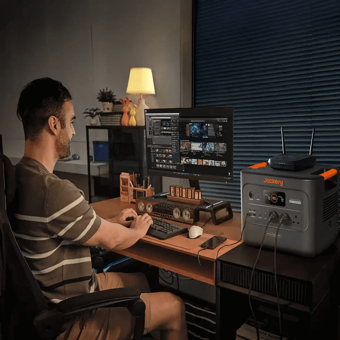 Jackery Explorer 3000 v2 Portable Power Station powering a desktop setup in a home office with lamp and window blinds in the background.