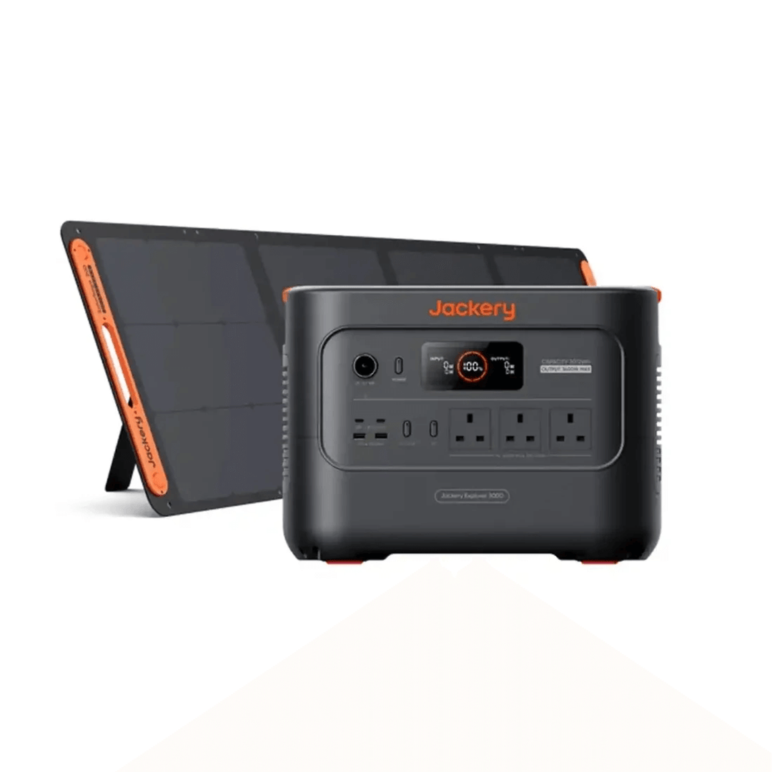 Jackery Explorer 3000 v2 Portable Power Station with Jackery SolarSaga 200W solar panel on a white background.