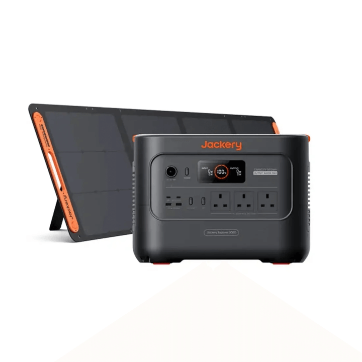 Jackery Explorer 3000 v2 Portable Power Station with Jackery SolarSaga 200W solar panel on a white background.
