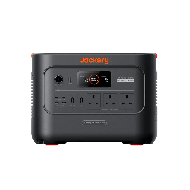 Jackery Explorer 3000 v2 Portable Power Station front view showing display and outlets on a transparent background.