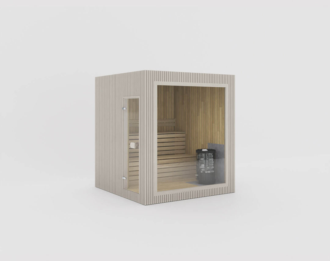 Jonas Classic Outdoor Sauna beige finish, isolated on a white background.