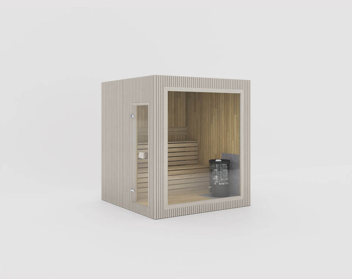 Jonas Classic Outdoor Sauna beige finish, isolated on a white background.