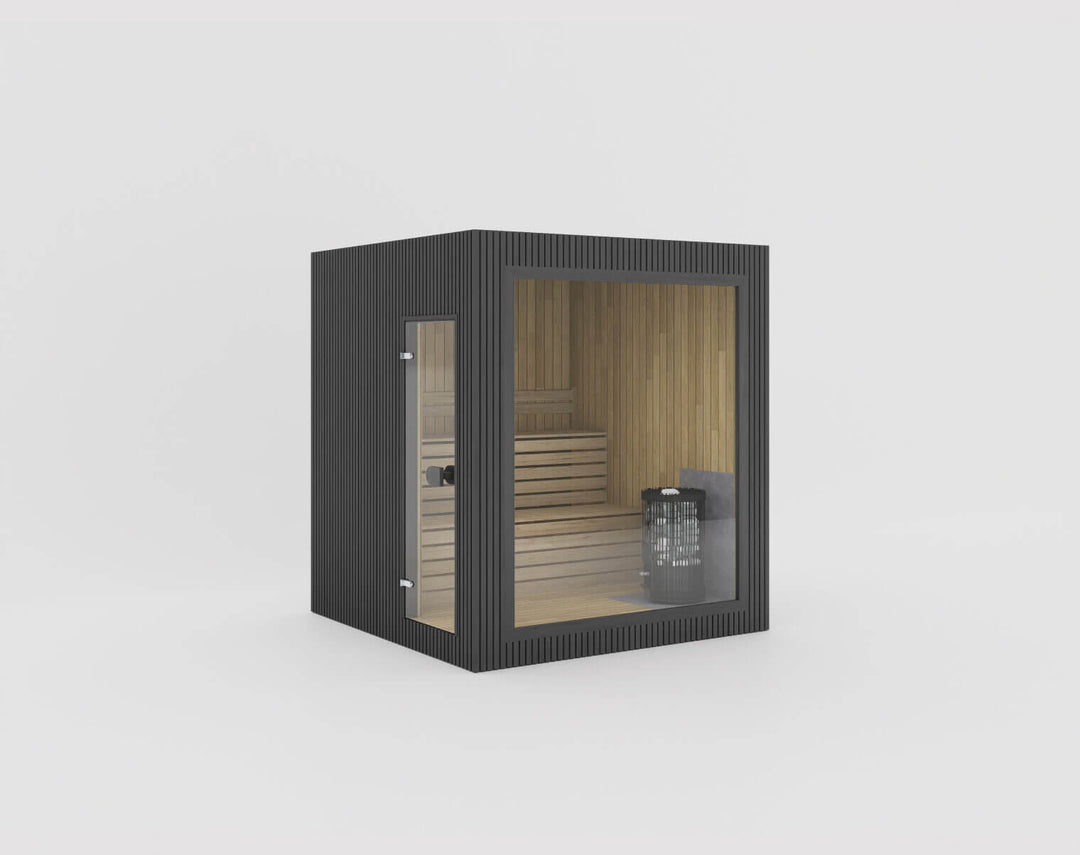 Jonas Classic Outdoor Sauna ebony finish, isolated on a white background.