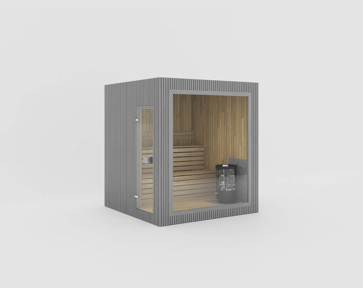 Jonas Classic Outdoor Sauna greyfinish, isolated on a white background.