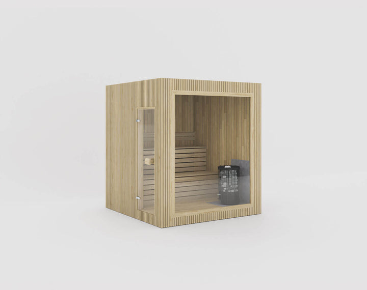 Jonas Classic Outdoor Sauna hazel finish, isolated on a white background.