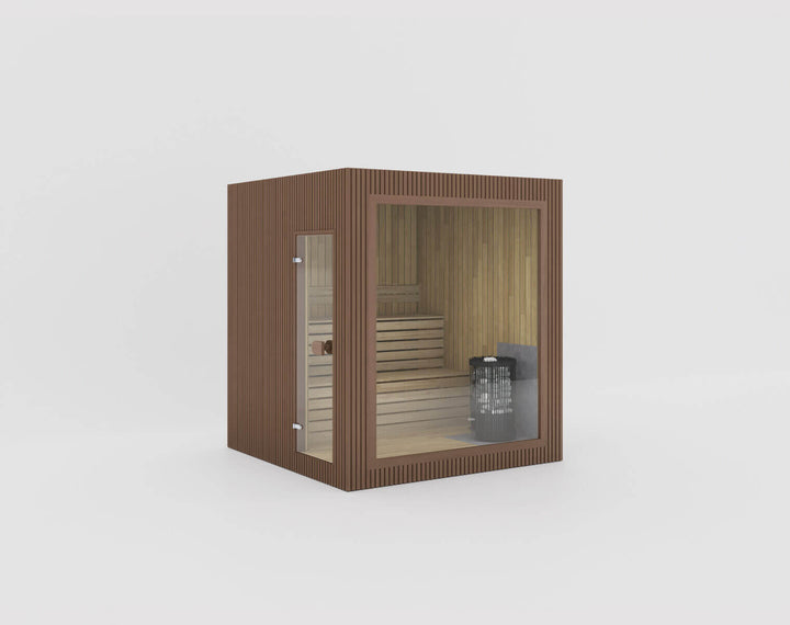 Jonas Classic Outdoor Sauna teak finish, isolated on a white background
