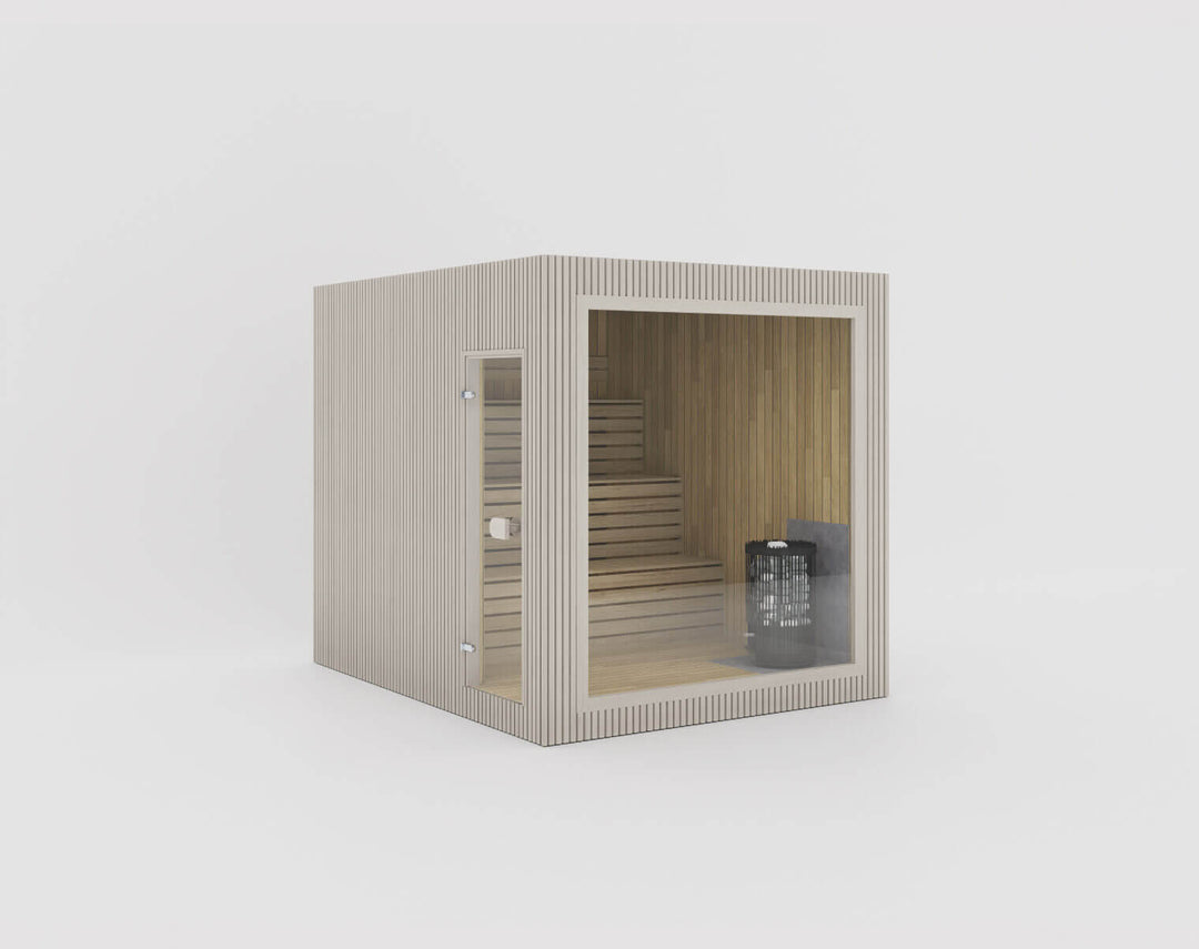 Jonas Grand Classic Outdoor Sauna in beige finish with panoramic front glass and side window, isolated on a white background.