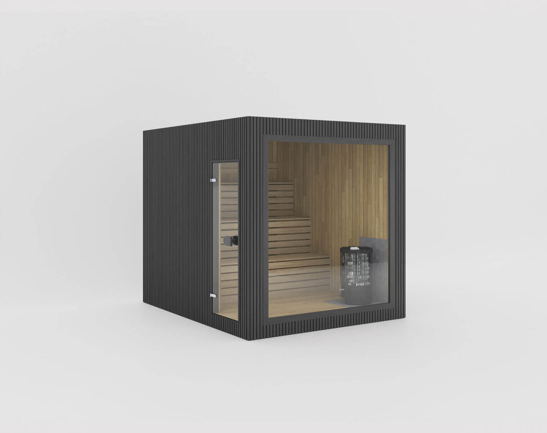 Jonas Grand Classic Outdoor Sauna in ebony finish with dark vertical cladding and panoramic glass front, isolated on a white  background.