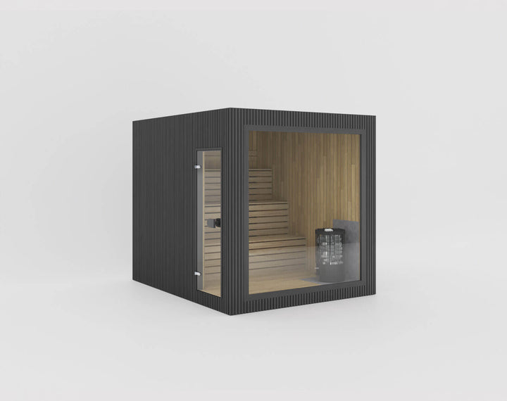Jonas Grand Classic Outdoor Sauna in ebony finish with dark vertical cladding and panoramic glass front, isolated on a white  background.