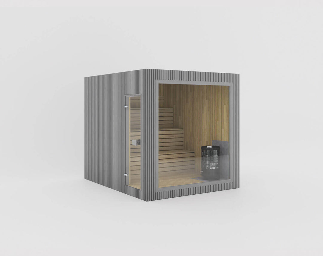 Jonas Grand Classic Outdoor Sauna in grey finish with full-glass front and side panel, isolated on a white background.