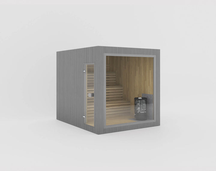 Jonas Grand Classic Outdoor Sauna in grey finish with full-glass front and side panel, isolated on a white background.