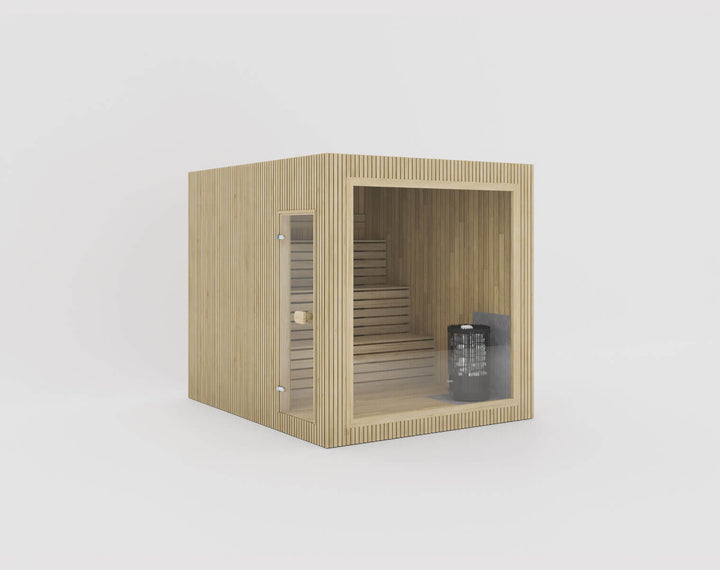 Jonas Grand Classic Outdoor Sauna in hazel finish with vertical slatted exterior and large front window, isolated on a white background.
