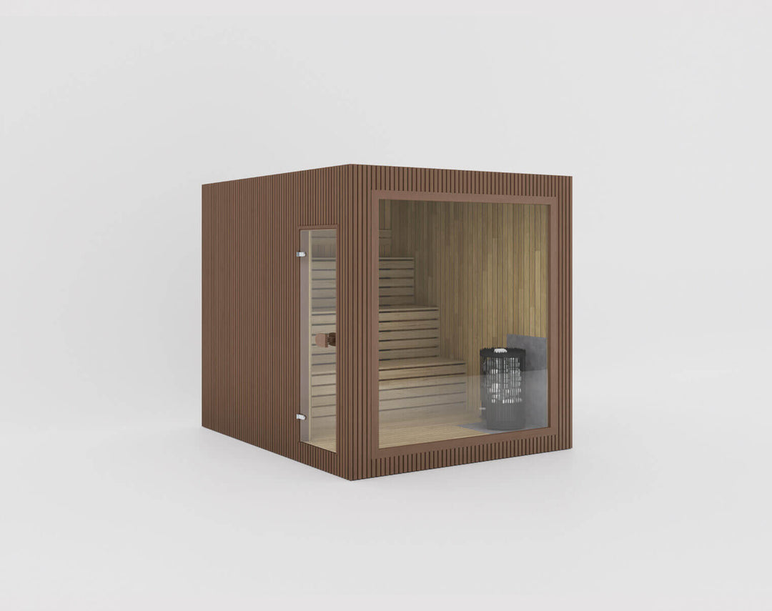 Jonas Grand Classic Outdoor Sauna in teak finish with panoramic glass front and side panel, isolated on a light grey background.