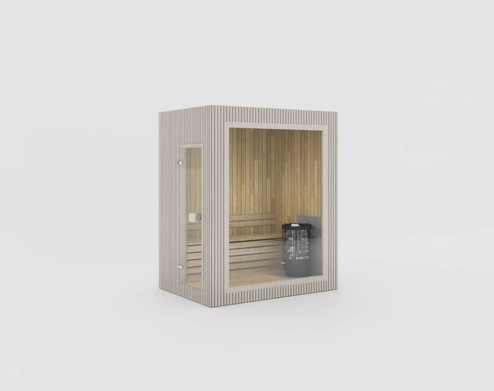 Jonas Mini Classic Outdoor Sauna in Beige finish with glass front and side window displayed on a white background.