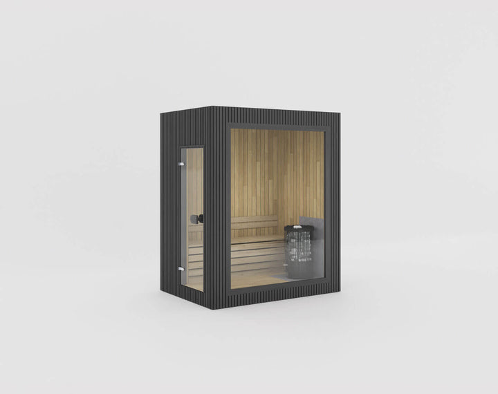 Jonas Mini Classic Outdoor Sauna in Ebony finish with panoramic glass front displayed on a white background.