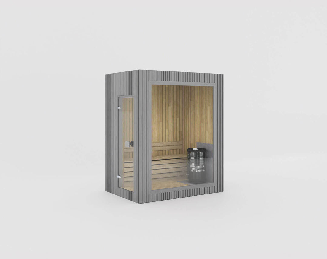 Jonas Mini Classic Outdoor Sauna in Grey finish with full-height glass front shown on a white background.