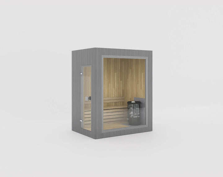 Jonas Mini Classic Outdoor Sauna in Grey finish with full-height glass front shown on a white background.