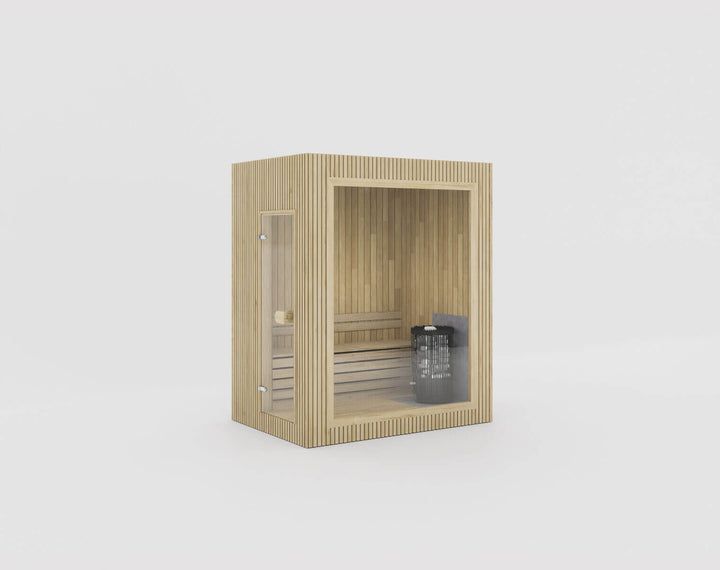 Jonas Mini Classic Outdoor Sauna in Hazel finish with full glass front and vertical slatted exterior on a white background.