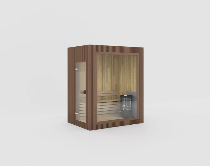 Jonas Mini Classic Outdoor Sauna in Teak finish with full glass front and side panel shown on a white background.