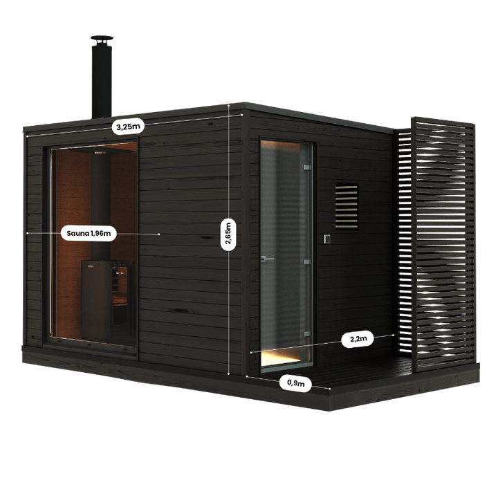 KUUT 2-person wood-fired outdoor sauna cabin with visible dimensions labeled, showing a black wood exterior, chimney, and glass door, on a transparent background.