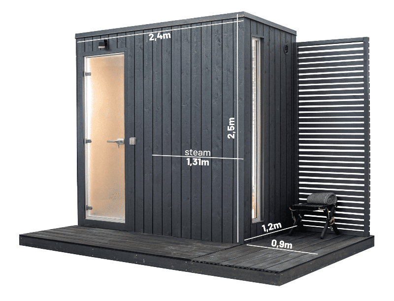 KUUT 4-person steam sauna with vertical dark wood paneling, clear glass door, and labeled external dimensions, including height, width, and steam room size, on a transparent background,

