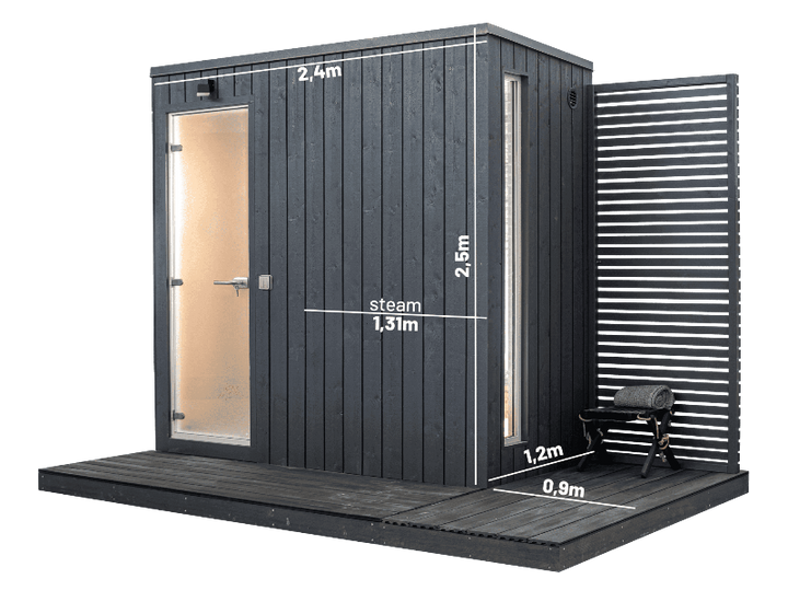 KUUT 4-person steam sauna with vertical dark wood paneling, clear glass door, and labeled external dimensions, including height, width, and steam room size, on a transparent background,

