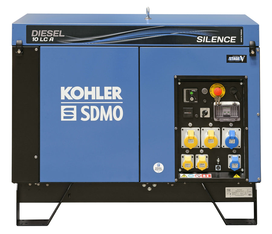 Kohler Diesel 10 LC A Silence UK C5 generator with SDMO branding, blue soundproof enclosure, and multiple power outlets, on a white background.