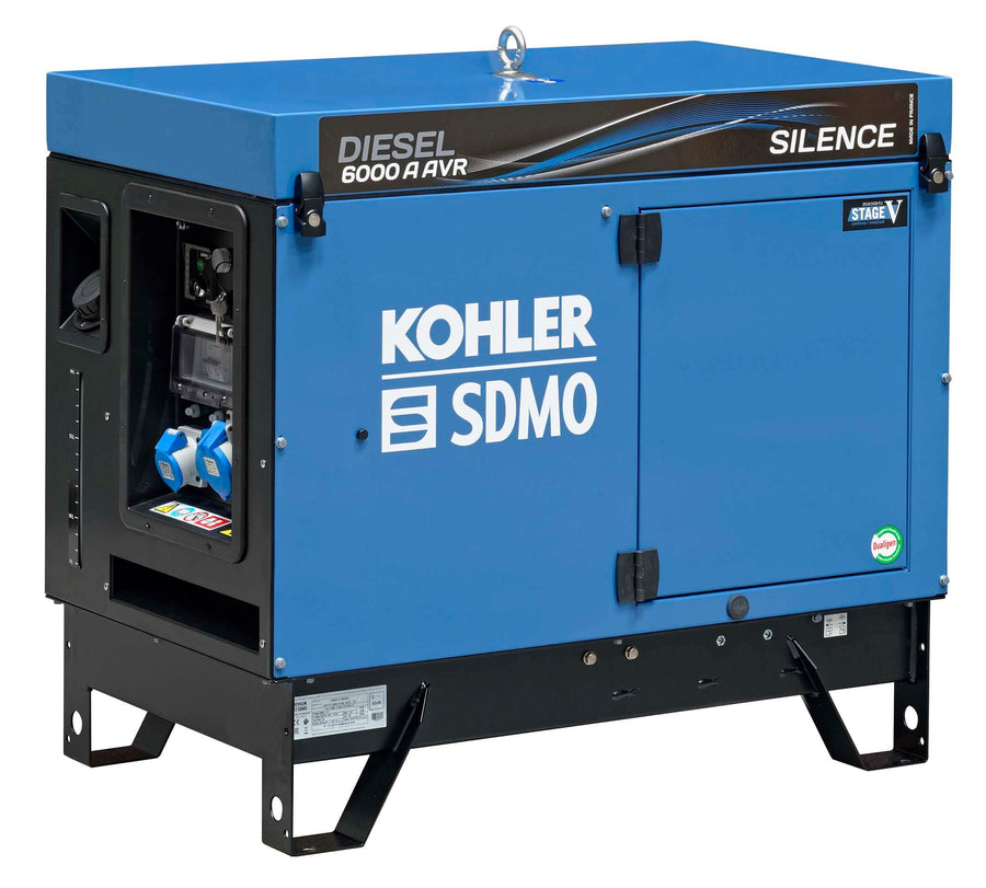 Kohler Diesel 6000 A Silence AVR C5 generator with SDMO branding and blue soundproof casing,  on a white background.