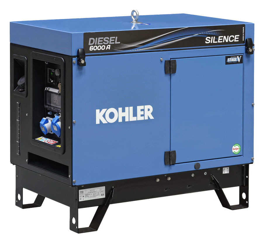 Kohler Diesel 6000 A Silence UK C5 generator with soundproof blue enclosure and dual power outlets,  on a white background.