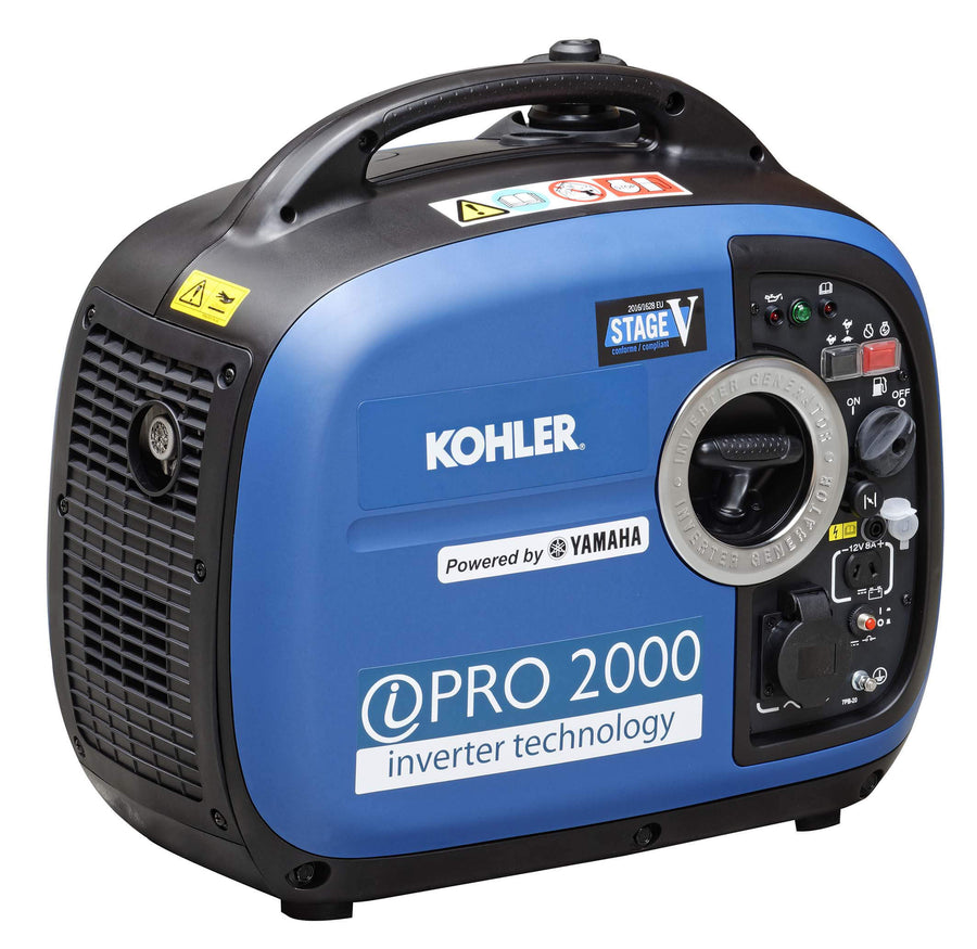 Side view of the Kohler Inverter Pro 2000 generator powered by Yamaha, displayed on a white background.