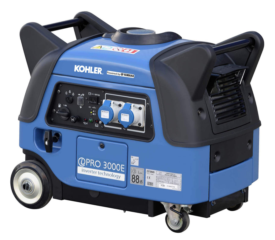 Kohler Inverter Pro 3000E C5 generator with dual blue power outlets and wheels, displayed on a white background.