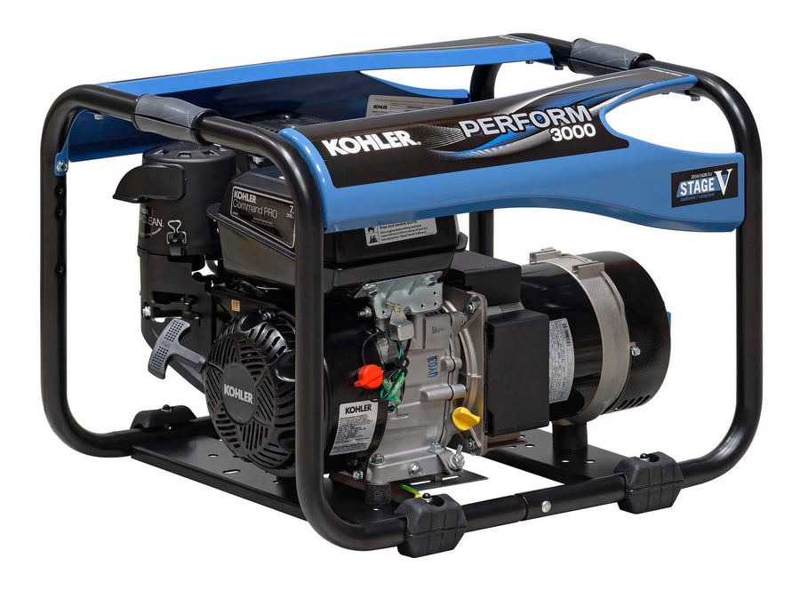 Kohler Perform 3000 TB UK C5 open-frame generator with Kohler Command PRO engine and blue protective frame, displayed on a white background.
