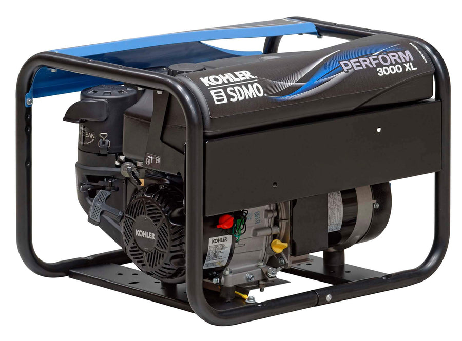 Kohler Perform 3000 XL TB UK C5 open-frame petrol generator with protective casing and black control panel cover,  on a white background.