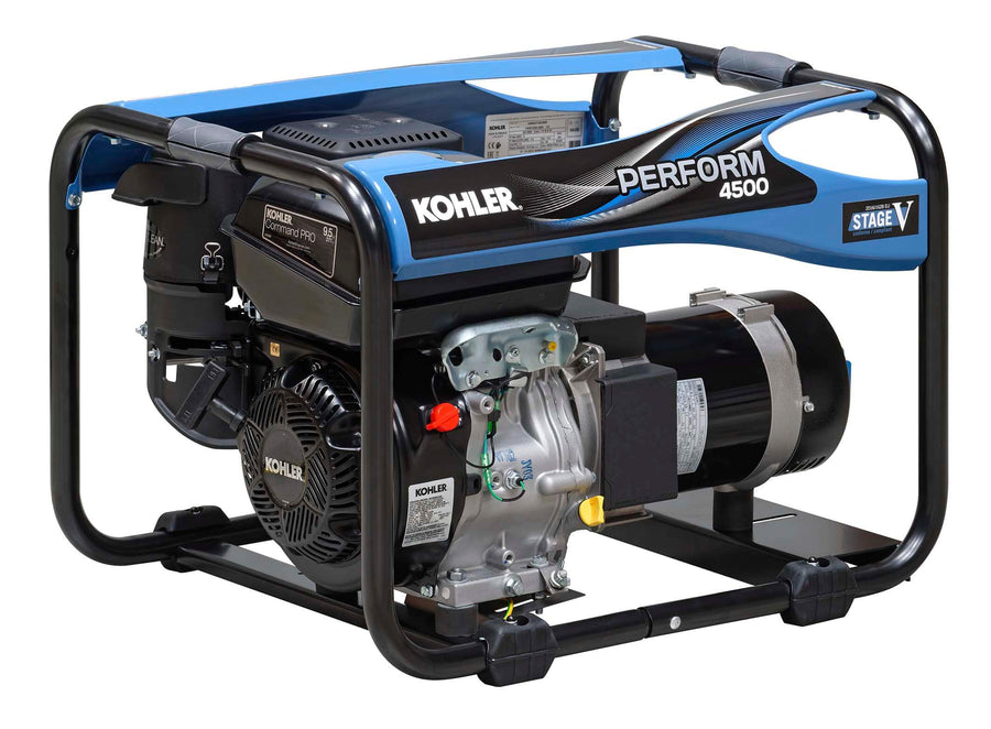 Kohler Perform 4500 TB UK C5 open-frame generator featuring a Kohler Command PRO engine and blue protective frame, shown on a white background.