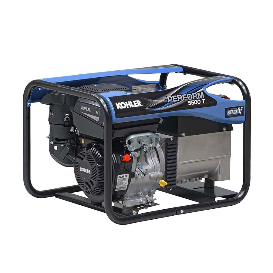 Kohler Perform 5500 T C5 open-frame petrol generator with Kohler engine and blue top cover,  on a white background.