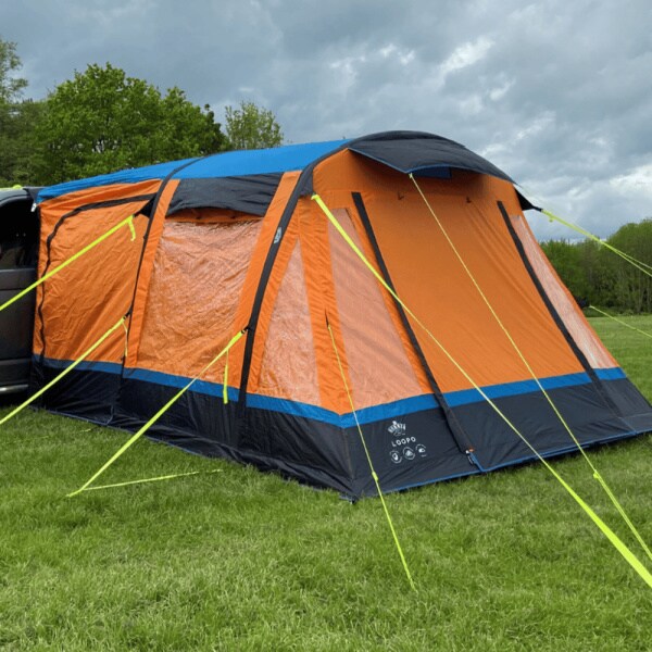 Loopo Breeze Awning in orange shown from a side angle