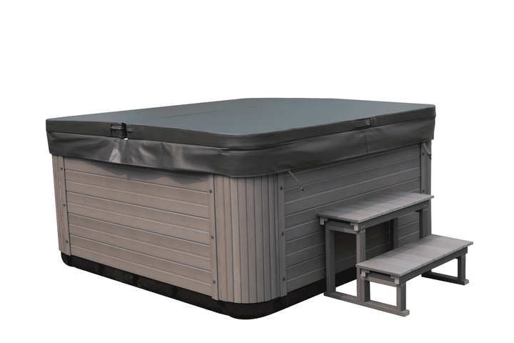 Side angle of Luso Spas The Opal Plug & Play Hot Tub with closed insulated cover and matching grey steps on a white background.